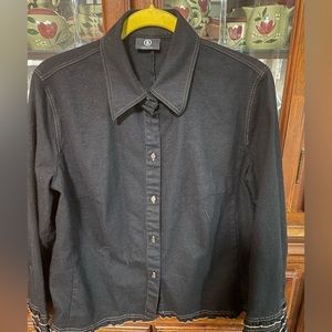 Vintage Black Sonia Bogner Portugal Black And Tan Ruffed Blouse Size 44 US 14